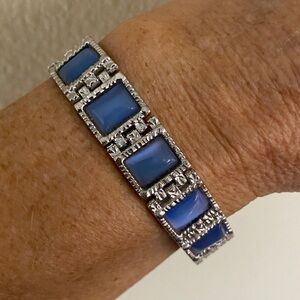 Vintage Silver Tone Blue Glass Link Bracelet | 7.5” | Mid-Century Style